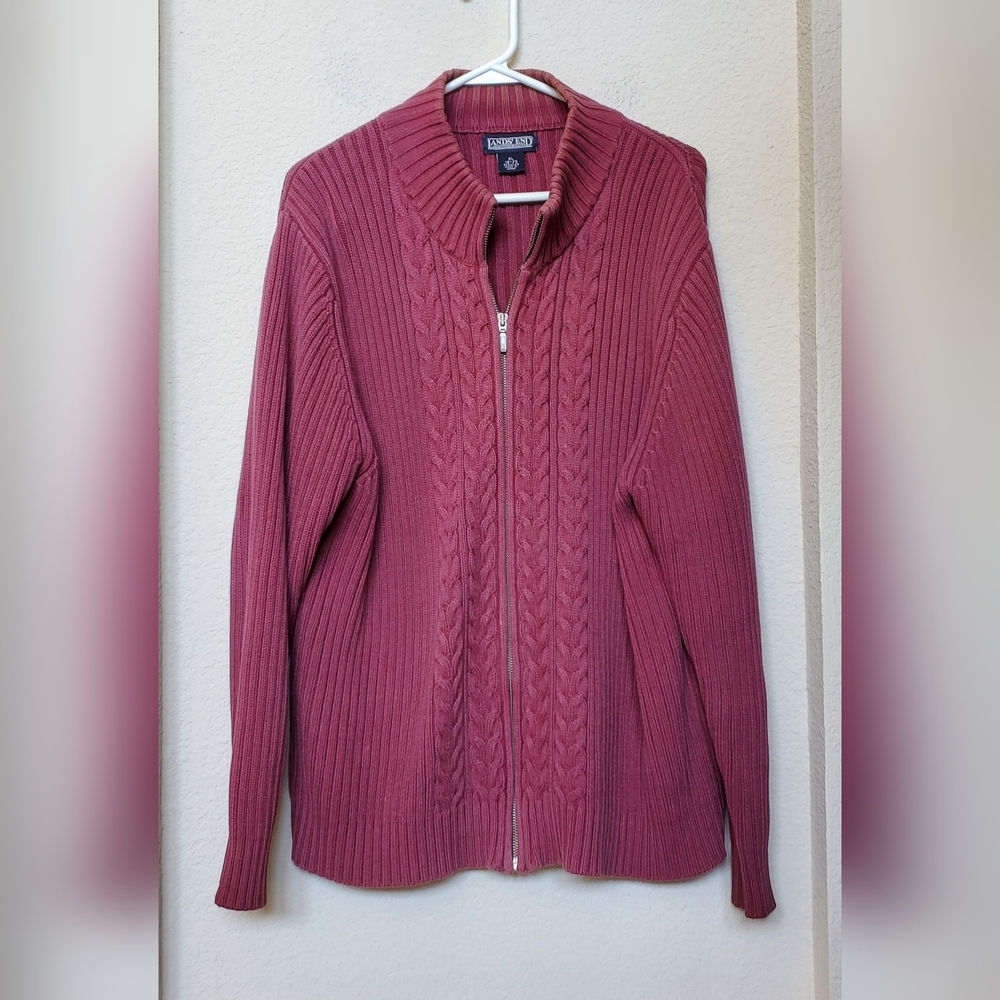 Lands' End Women's Ribbed Zip-Up Cardigan - Burgundy.   Size XL (18-20)